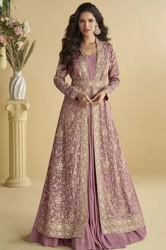 Onion pink faux chinon silk embroidered readymade anarkali gown with shrug & belt