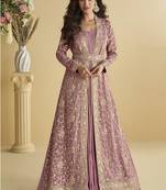Onion pink faux chinon silk embroidered readymade anarkali gown with shrug & belt
