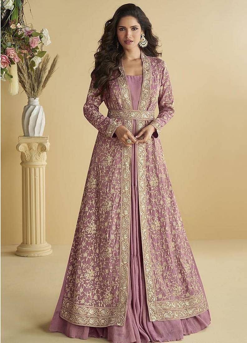Onion pink faux chinon silk embroidered readymade anarkali gown with shrug & belt