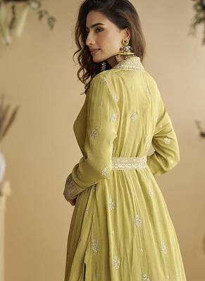 Pastel yellow faux chinon silk embroidered readymade anarkali gown with shrug & belt 3