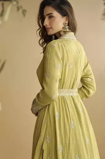 Pastel yellow faux chinon silk embroidered readymade anarkali gown with shrug & belt