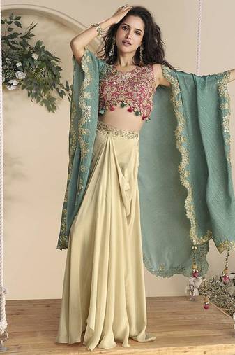 Pink & cream faux chinon silk embroidred readymade ethnic dress with sea green embroidered jacket