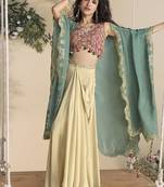 Pink & cream faux chinon silk embroidred readymade ethnic dress with sea green embroidered jacket