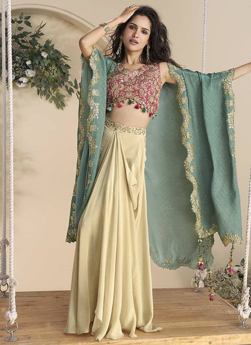Pink & cream faux chinon silk embroidred readymade ethnic dress with sea green embroidered jacket