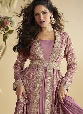 Onion pink faux chinon silk embroidered readymade anarkali gown with shrug & belt 2