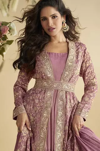 Onion pink faux chinon silk embroidered readymade anarkali gown with shrug & belt