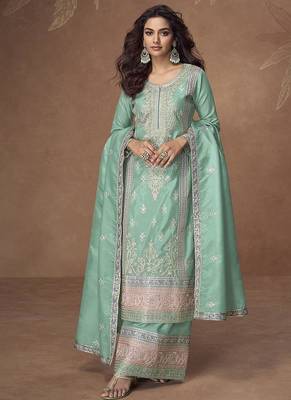 Sea green faux organza simar silk embroidered readymade palazzo kameez 1