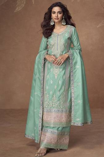 Sea green faux organza simar silk embroidered readymade palazzo kameez