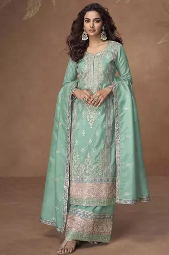 Sea green faux organza simar silk embroidered readymade palazzo kameez