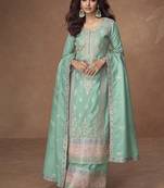 Sea green faux organza simar silk embroidered readymade palazzo kameez