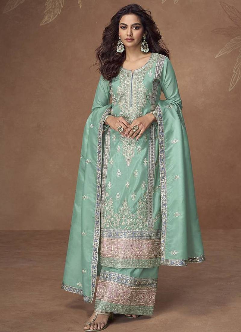 Sea green faux organza simar silk embroidered readymade palazzo kameez