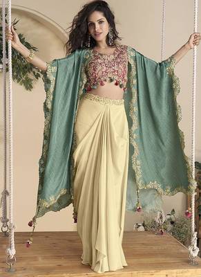 Pink & cream faux chinon silk embroidred readymade ethnic dress with sea green embroidered jacket 2