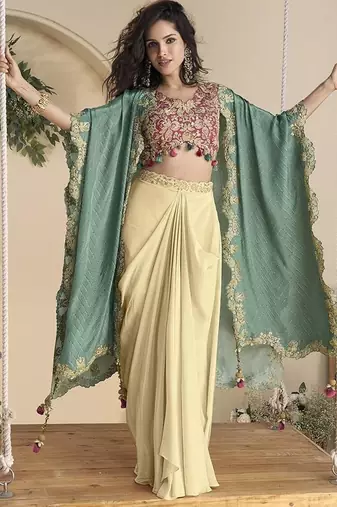 Pink & cream faux chinon silk embroidred readymade ethnic dress with sea green embroidered jacket