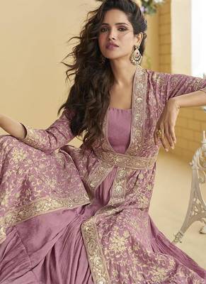 Onion pink faux chinon silk embroidered readymade anarkali gown with shrug & belt 3