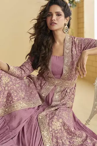 Onion pink faux chinon silk embroidered readymade anarkali gown with shrug & belt