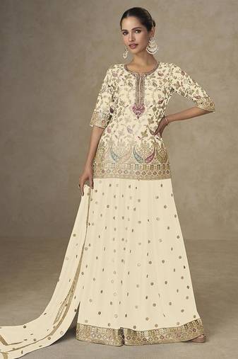 Cream faux chinon embroidered readymade palazzo suit