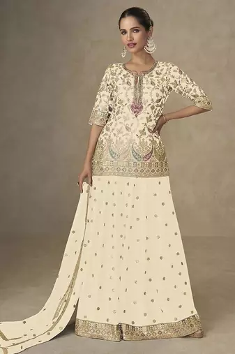 Cream faux chinon embroidered readymade palazzo suit