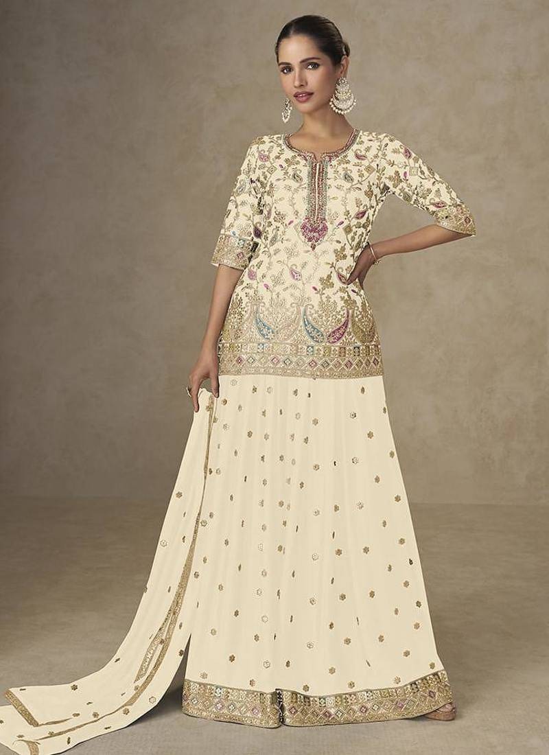 Cream faux chinon embroidered readymade palazzo suit
