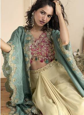 Pink & cream faux chinon silk embroidred readymade ethnic dress with sea green embroidered jacket 3