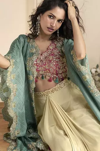 Pink & cream faux chinon silk embroidred readymade ethnic dress with sea green embroidered jacket