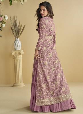 Onion pink faux chinon silk embroidered readymade anarkali gown with shrug & belt 4
