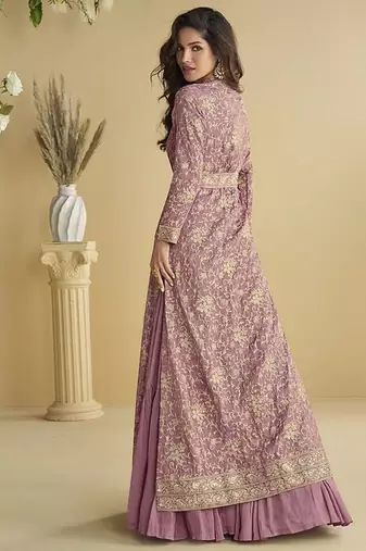 Onion pink faux chinon silk embroidered readymade anarkali gown with shrug & belt