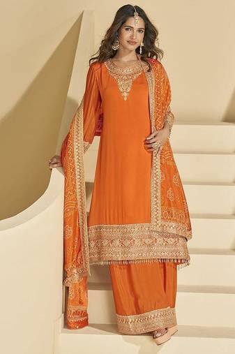 Orange faux chinon silk embroidered readymade palazzo kurta set