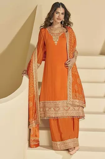 Orange faux chinon silk embroidered readymade palazzo kurta set