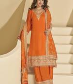 Orange faux chinon silk embroidered readymade palazzo kurta set