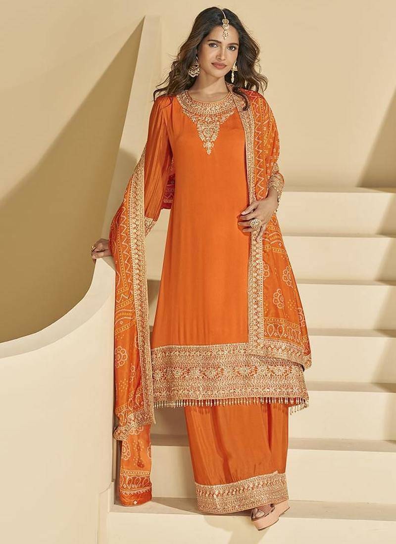 Orange faux chinon silk embroidered readymade palazzo kurta set