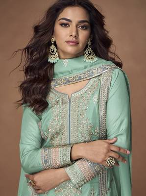 Sea green faux organza simar silk embroidered readymade palazzo kameez 2