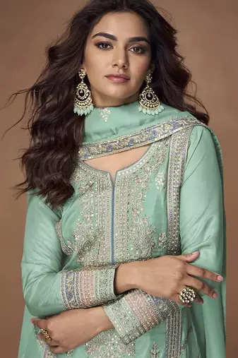 Sea green faux organza simar silk embroidered readymade palazzo kameez