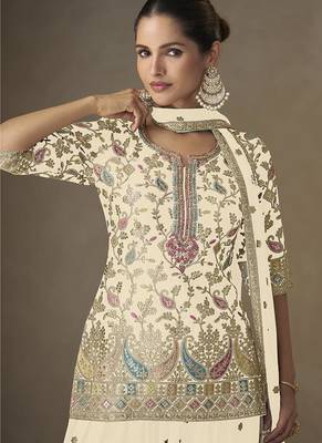 Cream faux chinon embroidered readymade palazzo suit 2
