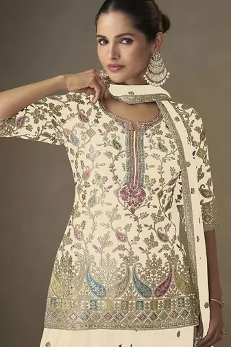 Cream faux chinon embroidered readymade palazzo suit