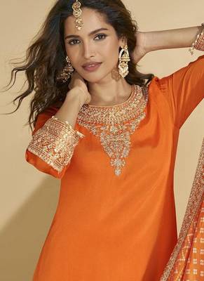 Orange faux chinon silk embroidered readymade palazzo kurta set 2