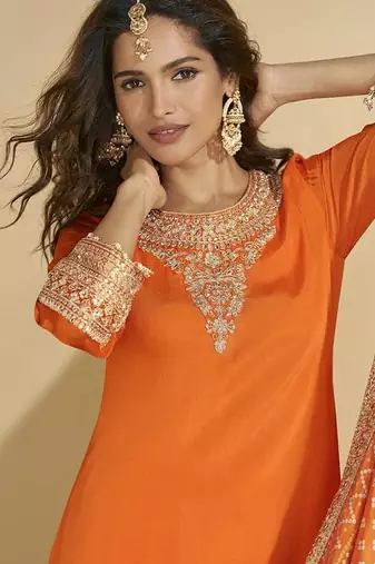 Orange faux chinon silk embroidered readymade palazzo kurta set