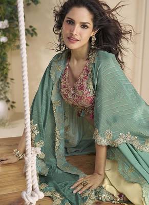 Pink & cream faux chinon silk embroidred readymade ethnic dress with sea green embroidered jacket 4