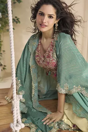 Pink & cream faux chinon silk embroidred readymade ethnic dress with sea green embroidered jacket