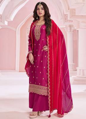 Dark magenta silk blend embroidered readymade salwar kameez 1