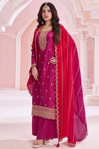 Dark magenta silk blend embroidered readymade salwar kameez