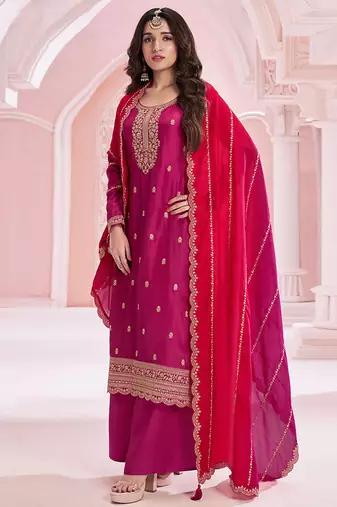 Dark magenta silk blend embroidered readymade salwar kameez