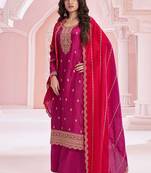 Dark magenta silk blend embroidered readymade salwar kameez