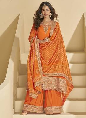 Orange faux chinon silk embroidered readymade palazzo kurta set 3