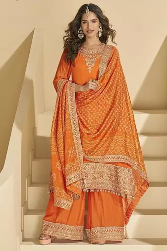 Orange faux chinon silk embroidered readymade palazzo kurta set