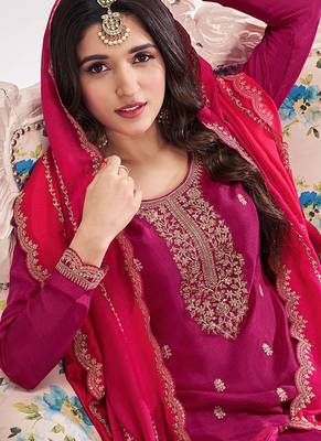 Dark magenta silk blend embroidered readymade salwar kameez 2