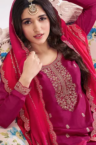 Dark magenta silk blend embroidered readymade salwar kameez