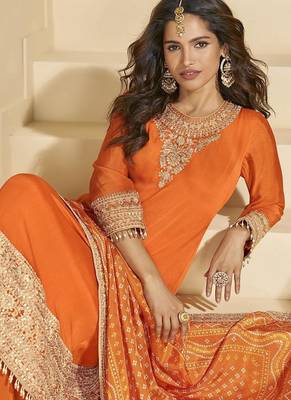 Orange faux chinon silk embroidered readymade palazzo kurta set 4