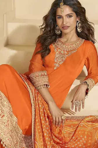 Orange faux chinon silk embroidered readymade palazzo kurta set