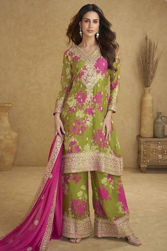 Mehendi green faux chinon embroidered readymade palazzo suit