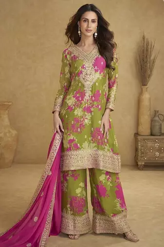 Mehendi green faux chinon embroidered readymade palazzo suit